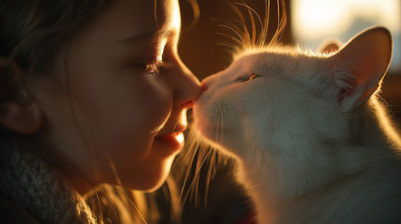 A girl shares a tender kiss with her white cat in the warm glow of evening lightの素材