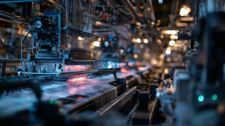 High-tech machines run smoothly in the textile factory, brightening the night shiftの素材