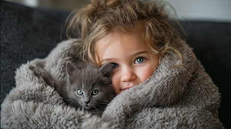 A little girl with curly hair hugs a gray kitten in a soft blanket, showing joy at homeの素材