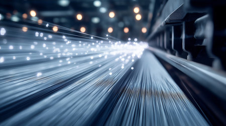 Bright sparks fly as metal is shaped in a high-tech industrial setting during daytime hoursの素材