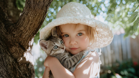 A little girl holds her gray striped kitten close, both smiling in bright sunlightの素材