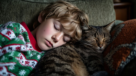 A child is resting on a couch with a cat, showcasing a quiet moment of companionship and warmthの素材