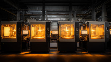 High-tech machines illuminate the factory floor with warm light during late-night productionの素材