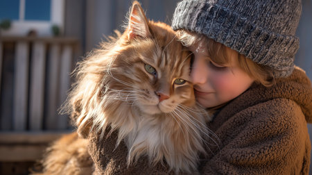A child embraces a large, fluffy cat, sharing a warm and affectionate moment outside in daylightの素材