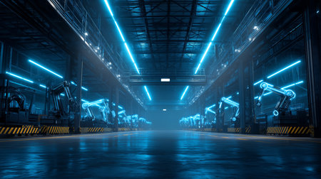 Robotic arms work in a dimly lit industrial facility with neon blue lights highlighting the spaceの素材
