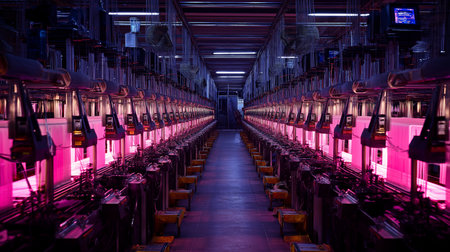 In a sleek lab, pink lights shine on equipment completing advanced tasksの素材
