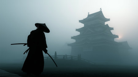 A warrior silhouette with a sword stands in fog near a historic castle at dawnの素材