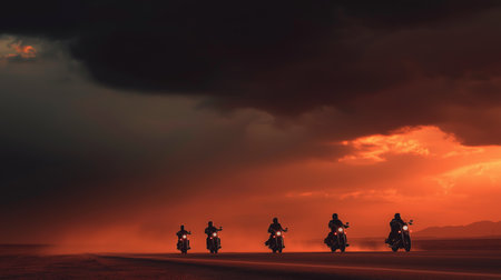 Five motorcyclists navigate a sandy road as the sun sets, casting vibrant colors and shadowsの素材