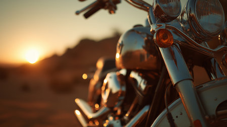 A motorcycle stands still as the sun sets, illuminating the desert landscape with warm tonesの素材