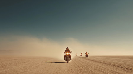 Motorcyclists ride through a dusty desert, kicking up clouds of dust as they enjoy the journeyの素材
