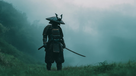 A samurai warrior stands alone in a foggy landscape, showcasing cultural heritage and braveryの素材