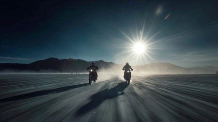 Two motorcyclists race through dusty terrain, dust swirling in the golden sunset lightの素材