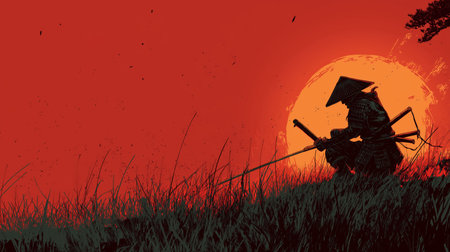 A solitary warrior kneels in tall grass, holding a sword against a vibrant sunset backdropの素材