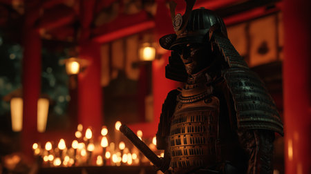 A samurai in armor stands guard in a candlelit temple, evoking tranquilityの素材