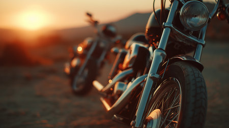 Two motorcycles gleam under a golden sunset, showcasing their sleek designs and chrome detailsの素材
