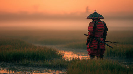 A warrior dressed in vibrant traditional attire watches the sunrise in a foggy rice fieldの素材