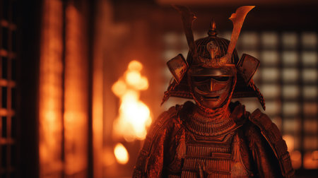 A samurai in traditional armor stands confidently in a warm, torch-lit interior, evoking historyの素材