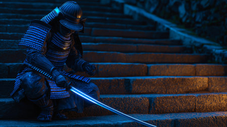 A samurai warrior in armor rests on stone steps, holding a glowing sword under soft lightの素材