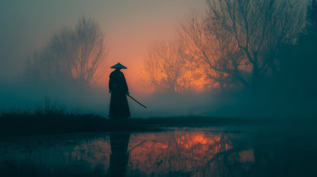 A figure in traditional dress holds a sword, shrouded in fog with a colorful sunrise backdropの素材