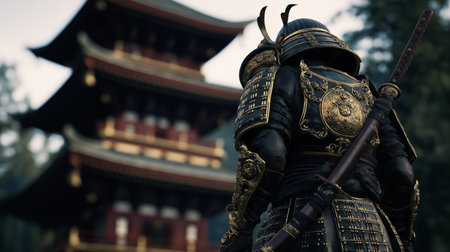 A strong samurai in armor stands before a majestic temple in the morning lightの素材