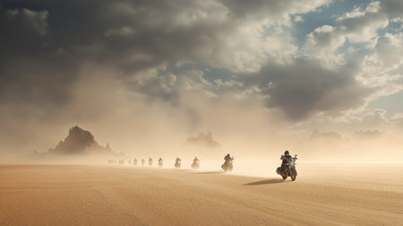 Riders navigate a sandy terrain with rugged formations as clouds gather ominously during duskの素材