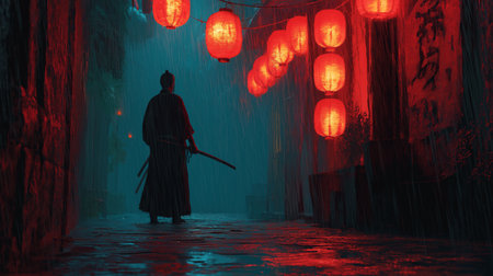 Silhouette of a samurai holds swords while standing in a rainy alley illuminated by red lanternsの素材