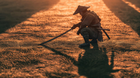 A skilled warrior kneels in a lush field as the sun sets, sword ready for the next moveの素材