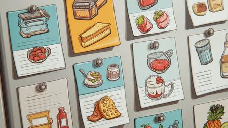 Illustrated recipe cards and food items display diverse culinary inspirations on a fridgeの素材