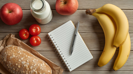 A collection of fruits and groceries set on a wooden surface, ready for meal prep and planningの素材