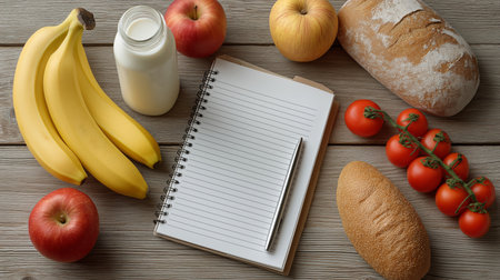 Bananas, apples, tomatoes, bread, and milk are on a wooden table next to a notepad and penの素材