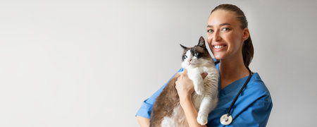 Portrait Of Happy Veterinarian Doctor Woman Holding Cat, Gray Background