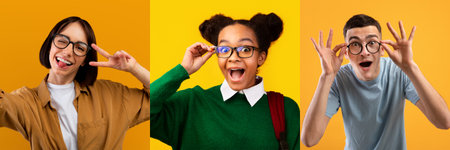 Diverse group of students celebrating education with joyful expressionsの写真素材