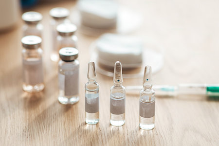 Medical, pharmaceutical industry, covid-19, coronavirus vaccine vial bottles in hospital