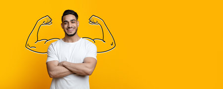 Strong spirit and confidence showcased through a muscular pose in a collageの写真素材