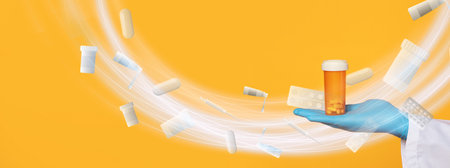 Colorful healthcare collage showcasing medication and doctor tools