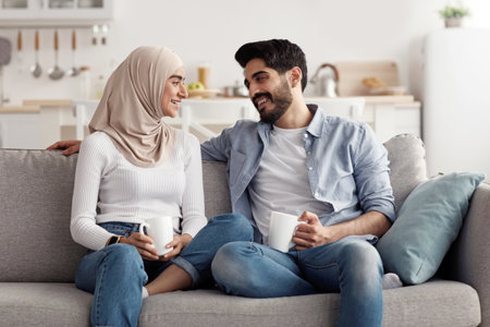 Fun together, enjoy breakfast and spare time at home, domestic dateの写真素材