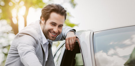 Choosing new car, buying auto in dealership, rent and positive emotions of human