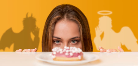 Hungry woman looking at yummy donut from under table, angel and devil tempting her, orange studio...