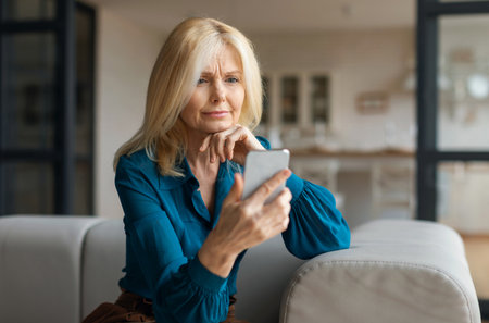 Upset european mature woman sitting on couch at home, holding cell phone, looking at gadget screen,...