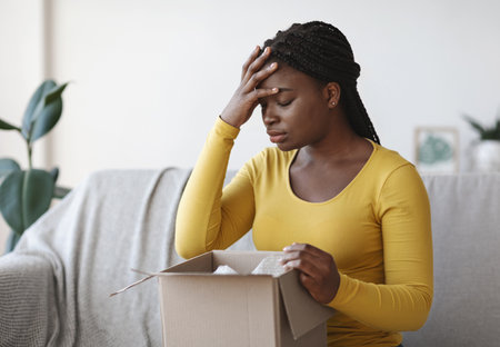 Wrong Package. Upset african american woman sitting with unpacked box at home