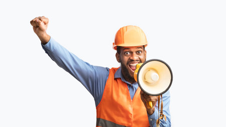 Excited Builder Shouting In Megaphone Announcing Great News, White Background