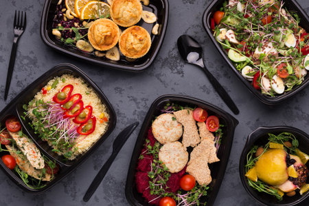 Take away food, variety of healthy meals top view