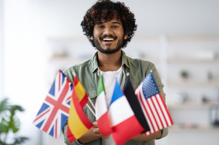 Cheerful indian guy holding bunch of flags