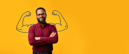 Confident man with biceps smiles against a vibrant backdrop