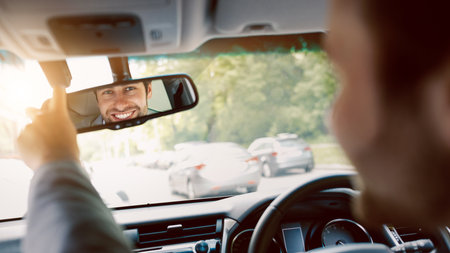 Millennial caucasian guy in suit with hands on steering wheel, configures mirror