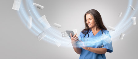 Collage of healthcare concepts featuring doctor with medications and technology