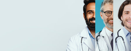 Diverse Group of Men Doctors Are Shown Smiling, Each Wearing a White Coat With Stethoscopes