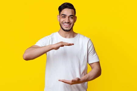 Positive guy holding something invisible in his handsの写真素材