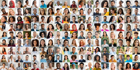 Diverse group of happy people sharing smiles in a vibrant portrait collection