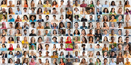 Diverse collection of happy faces showcasing multiethnic lifestyle